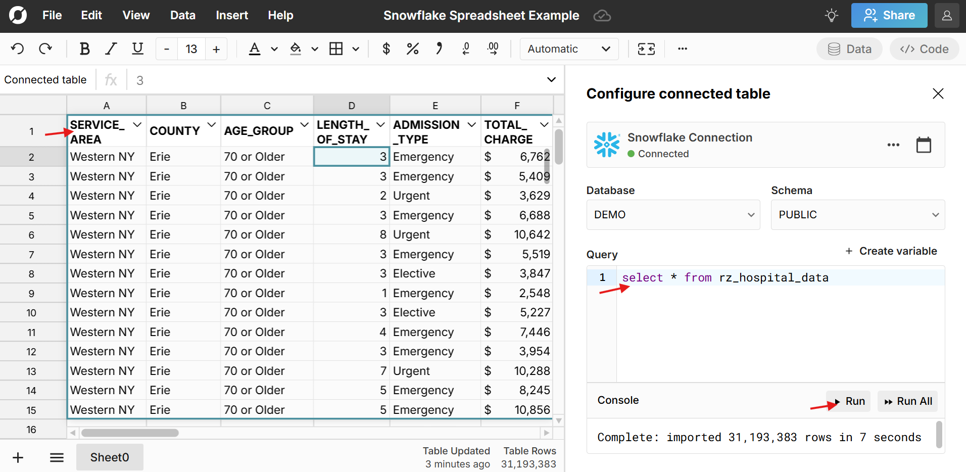 import Snowflake connected spreadsheet