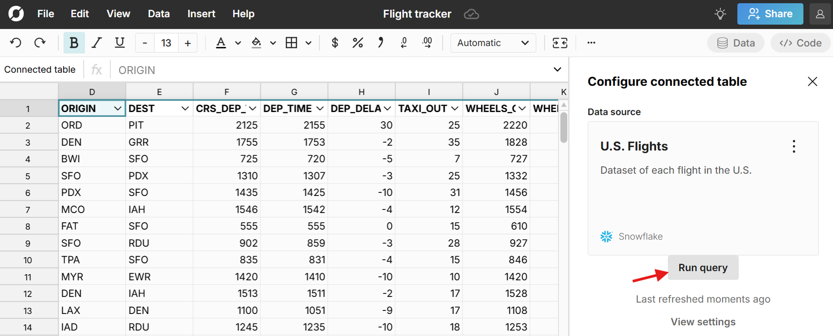run query in spreadsheet