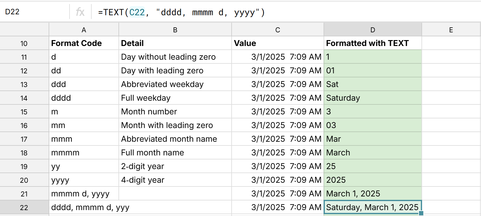 custom format dates with TEXT function