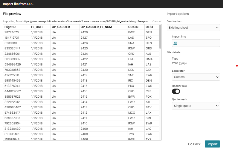 Imported data preview screen in Row Zero