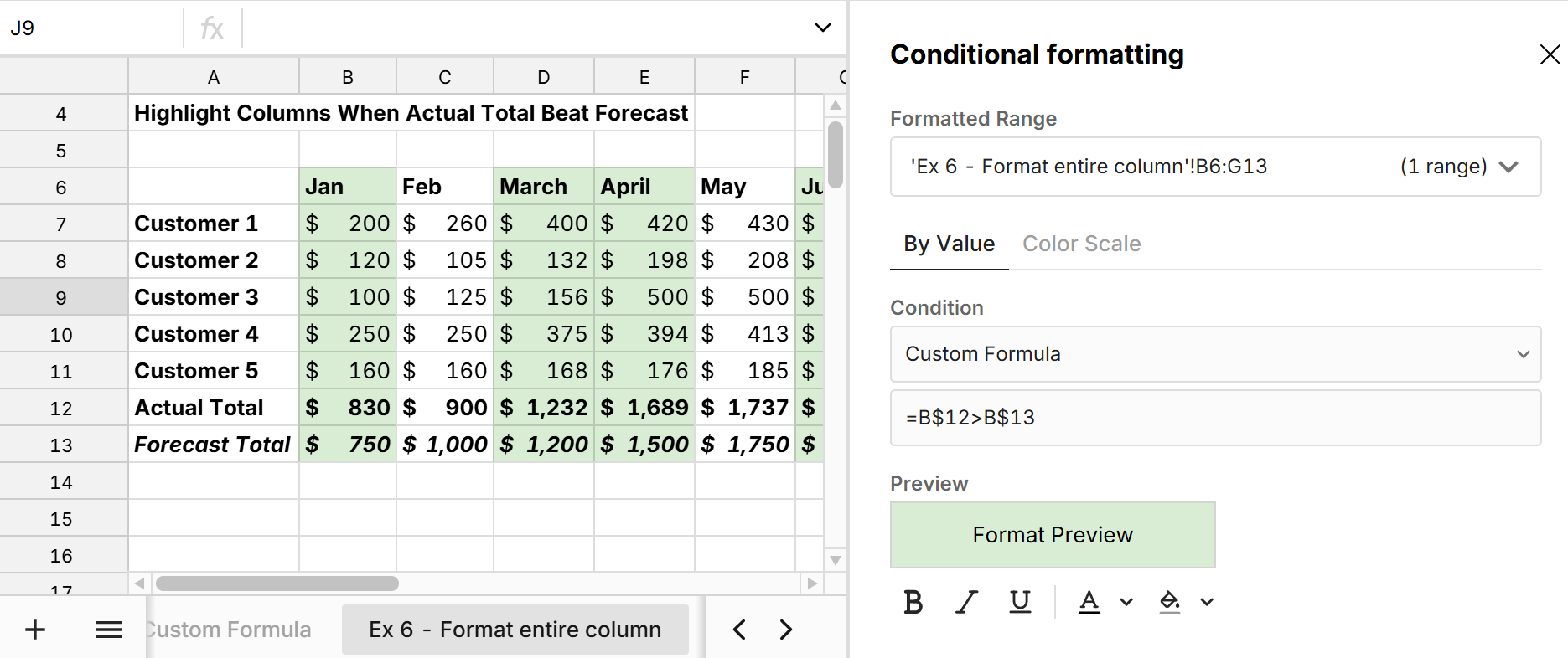 conditional format entire column