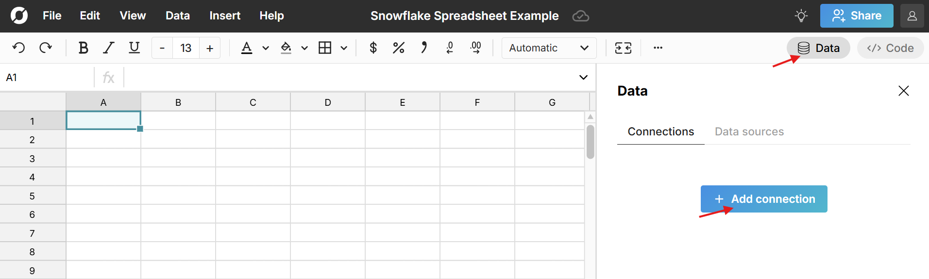 Connect spreadsheet to Snowflake