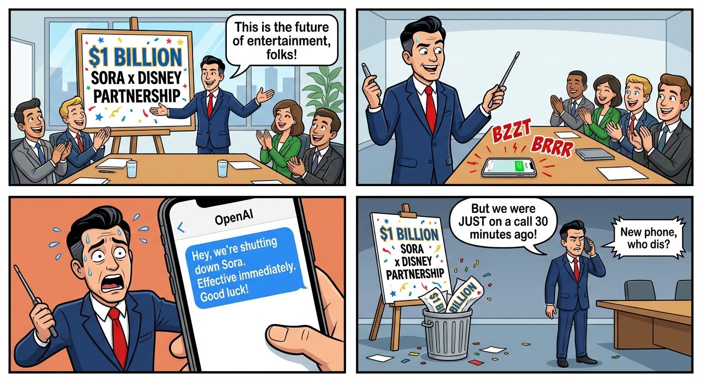 A 4-panel comic about OpenAI shutting down Sora and blindsiding Disney