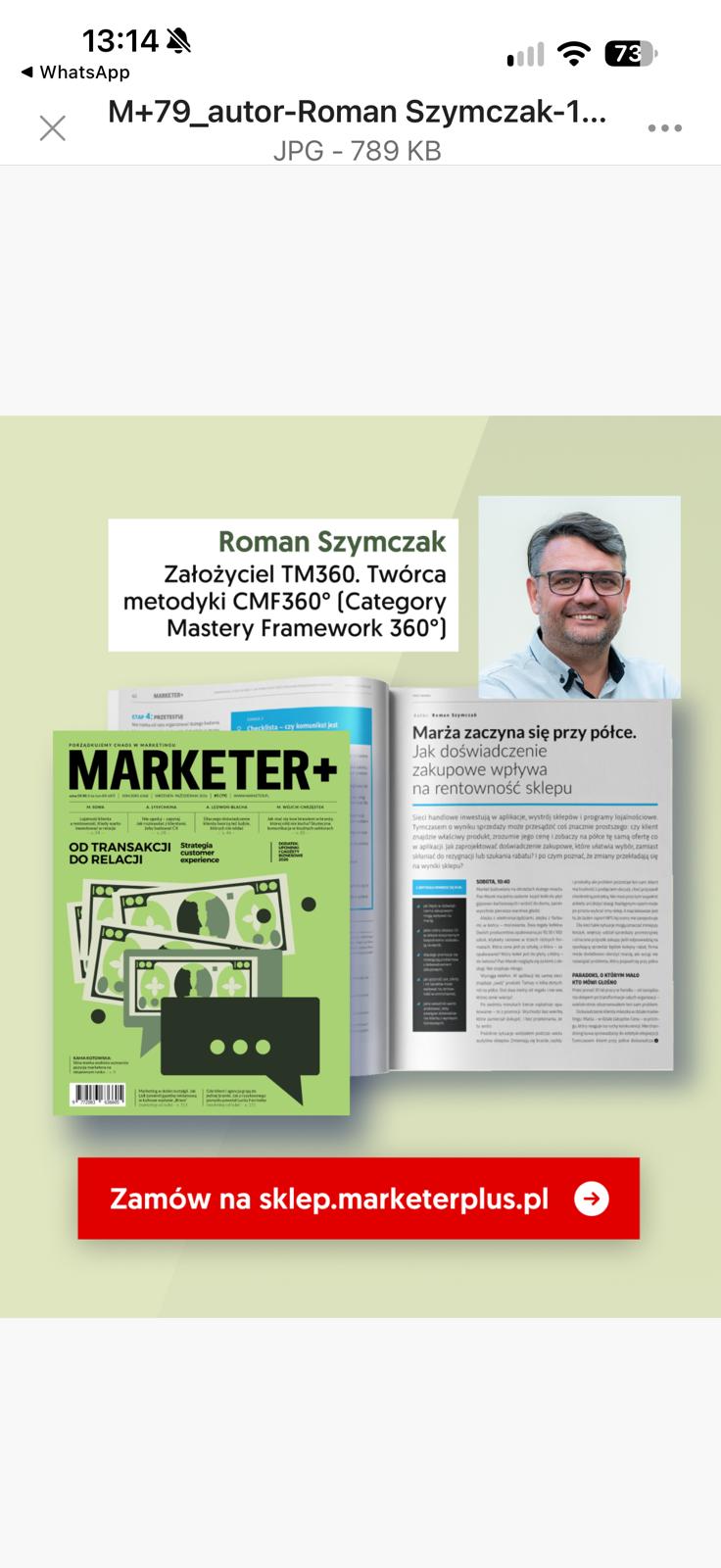 Grafika magazynu Marketer+ z Romanem Szymczakiem oraz jego artykułem „Marża zaczyna się przy półce”.