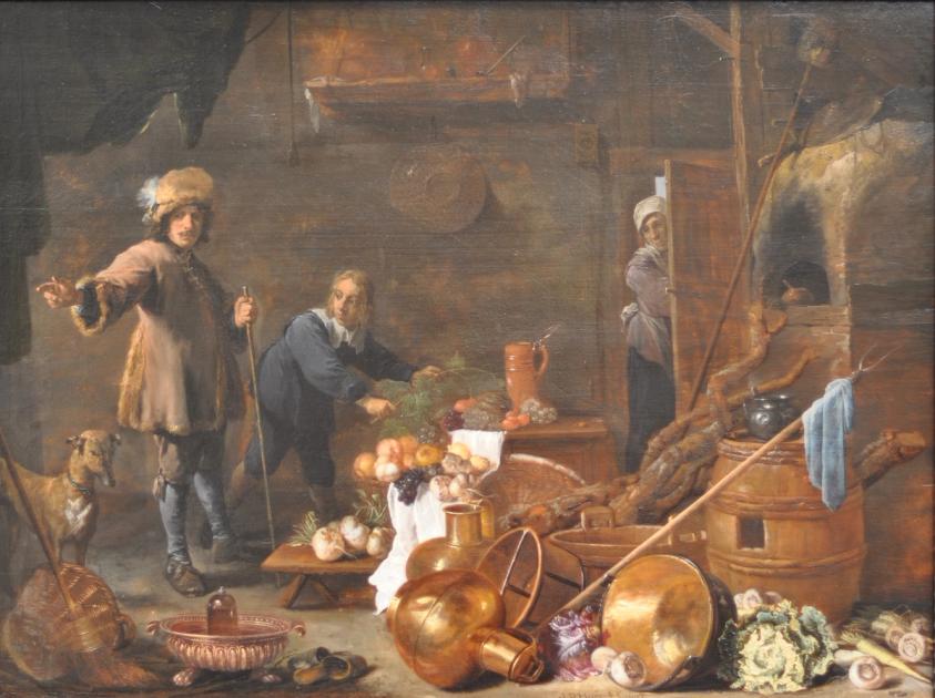 A seventeenth-century painting of an artist at work in his studio, surrounded by canvases and drawing materials.