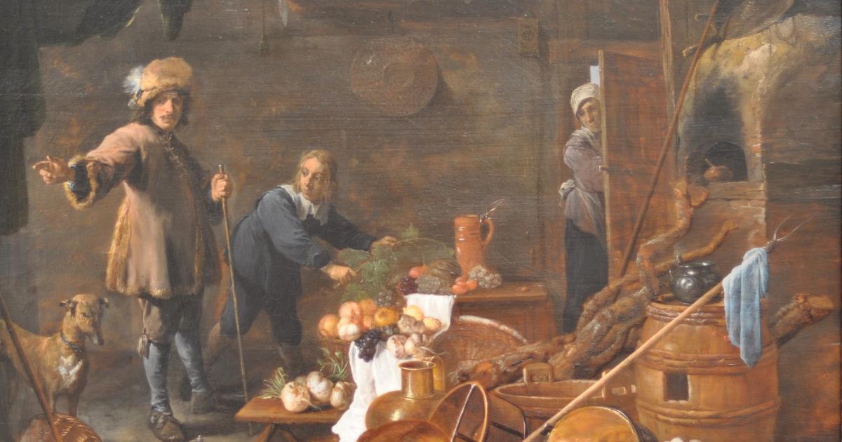 A seventeenth-century painting of an artist at work in his studio, surrounded by canvases and drawing materials.