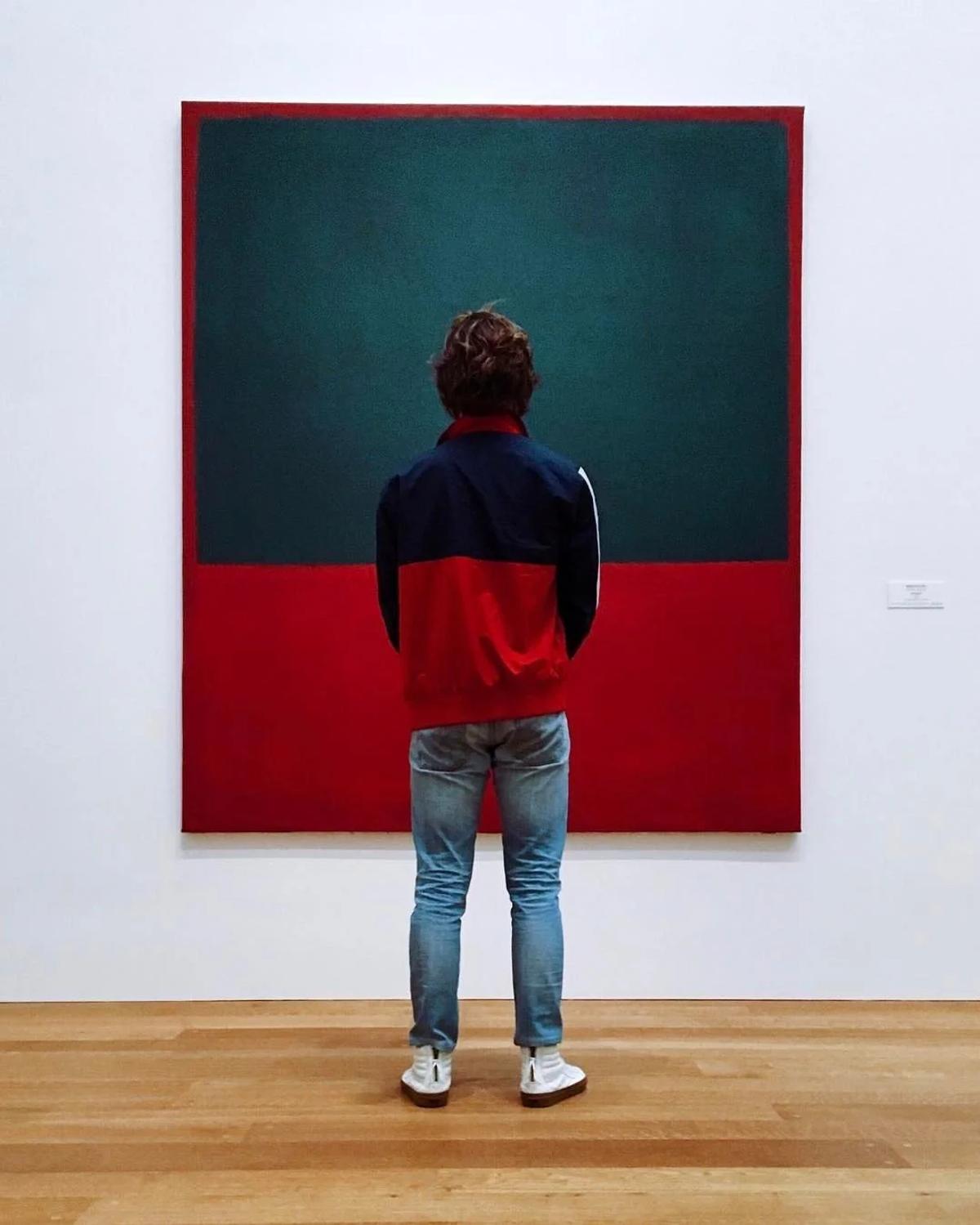 A person standing with their back to the camera in front of a large canvas of a dark green field above a deep red band.