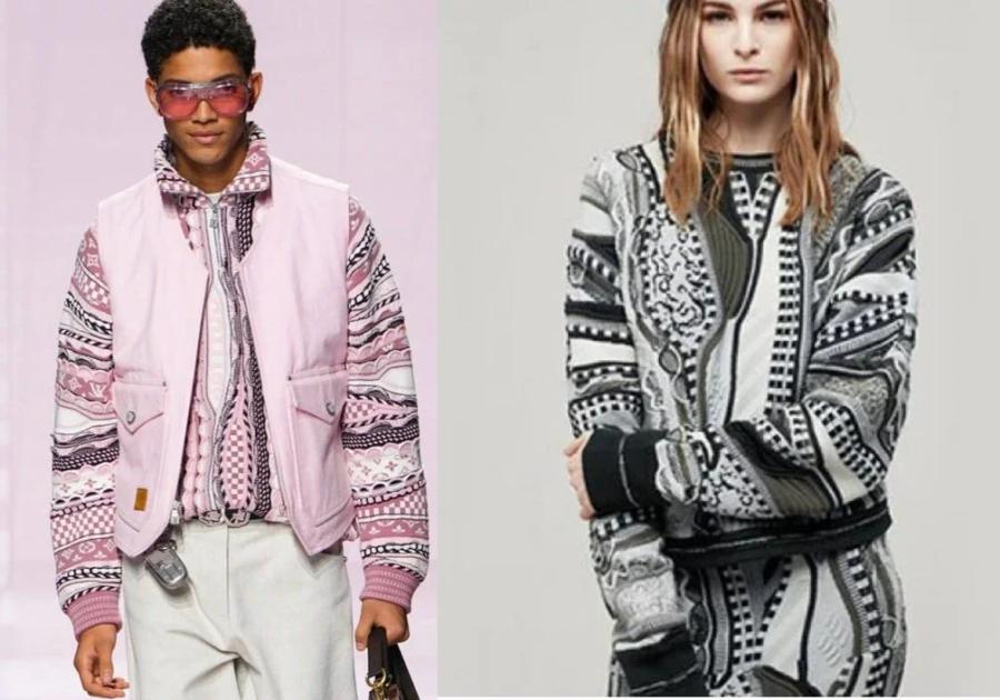 Two fashion images side by side: a model in a pink and white patterned knit bomber jacket, and a model in a black and white geometric patterned knit with a wide belt.