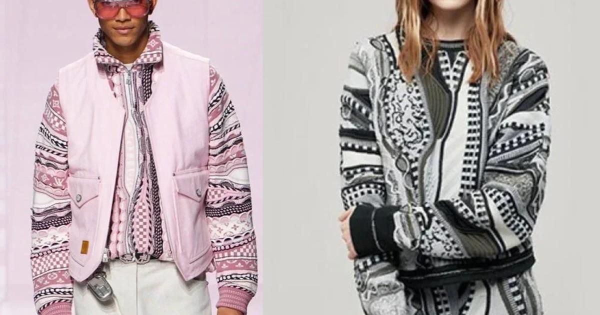 Two fashion images side by side: a model in a pink and white patterned knit bomber jacket, and a model in a black and white geometric patterned knit with a wide belt.