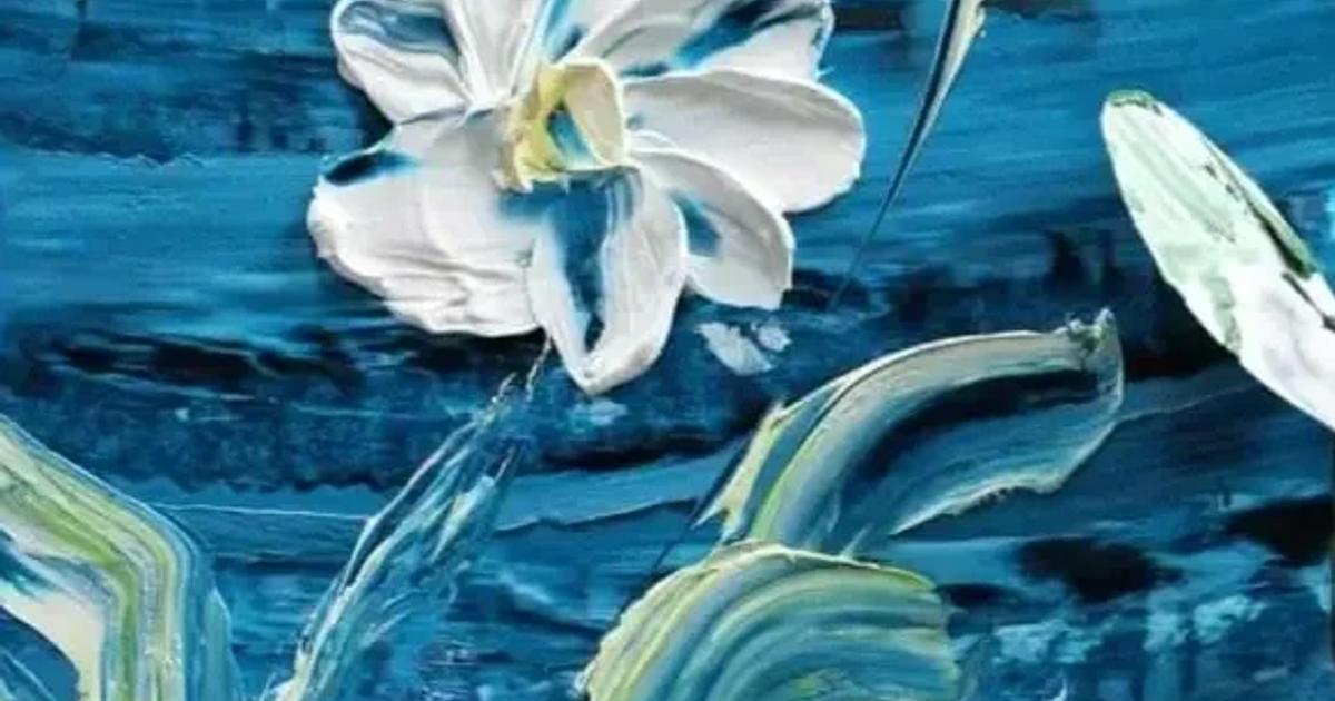 A thickly painted canvas of a white and blue flower with pale green leaves against deep blue water, the paint raised in visible ridges.