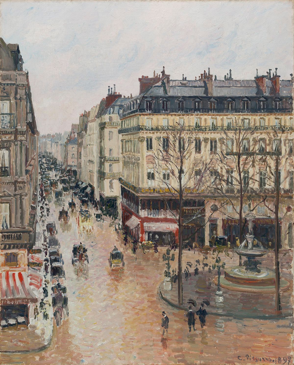 A Paris boulevard seen from above in the rain, wet pavement reflecting grey light, carriages and small figures below tall Haussmann facades.