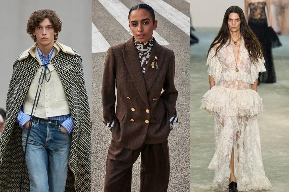 The 'PoetCore' migration, a mass repudiation of the frictionless surface in favor of visible labor and material accumulation, as seen in (from left to right): Dior Men SS26, Pom x Claes Iversen, Chloe FW25.