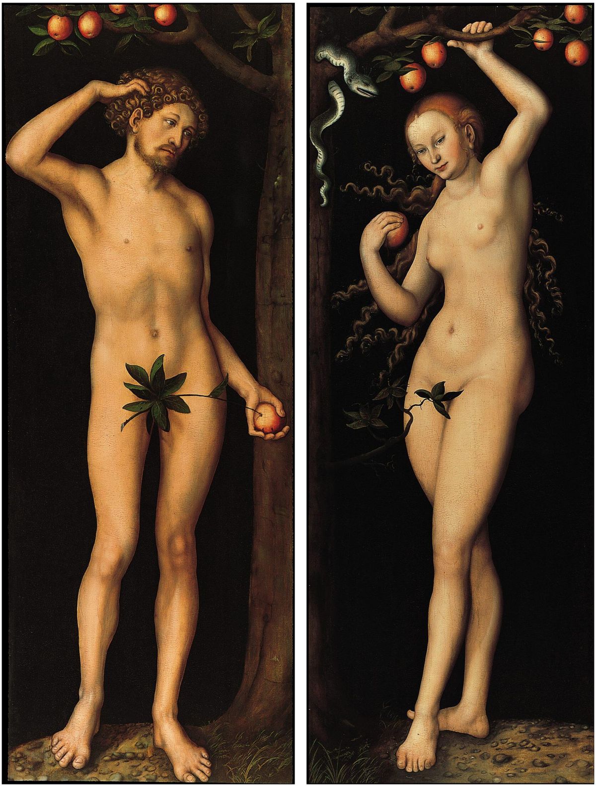 Two tall narrow panels, a nude man on the left and a nude woman on the right, each beside a tree hung with apples against a black ground.