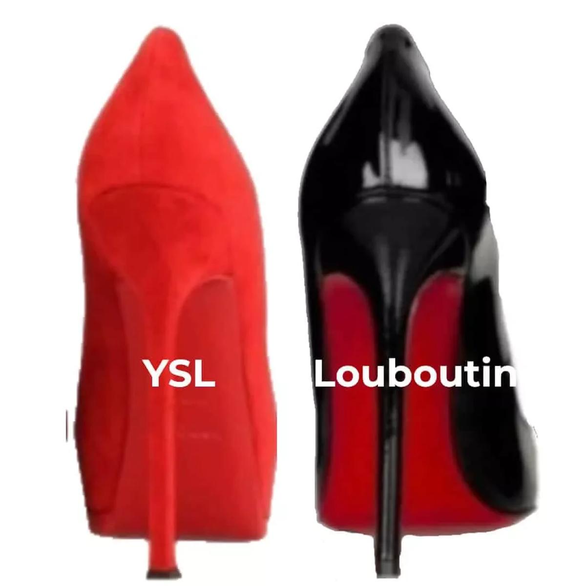 Two high heeled shoes side by side, an all red suede pump labelled YSL and a black patent pump with a red sole labelled Louboutin.