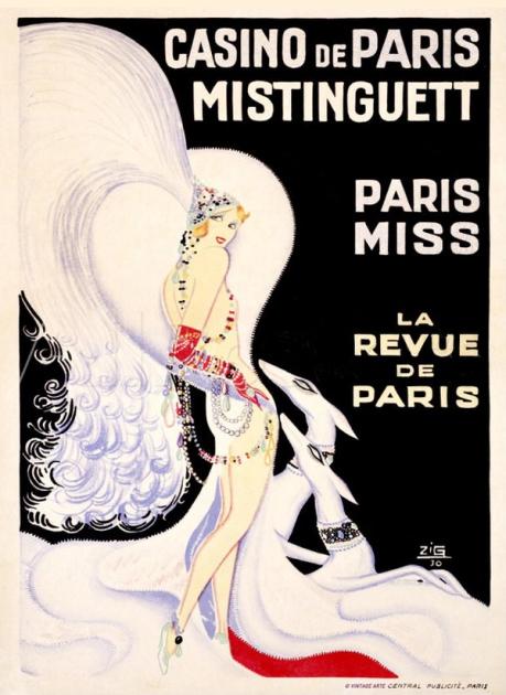 A 1930 poster for the Casino de Paris revue starring Mistinguett, showing her in a vast white feather cape that fills most of the frame, with the words Paris Miss and La Revue de Paris.