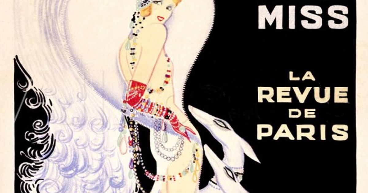 A 1930 poster for the Casino de Paris revue starring Mistinguett, showing her in a vast white feather cape that fills most of the frame, with the words Paris Miss and La Revue de Paris.