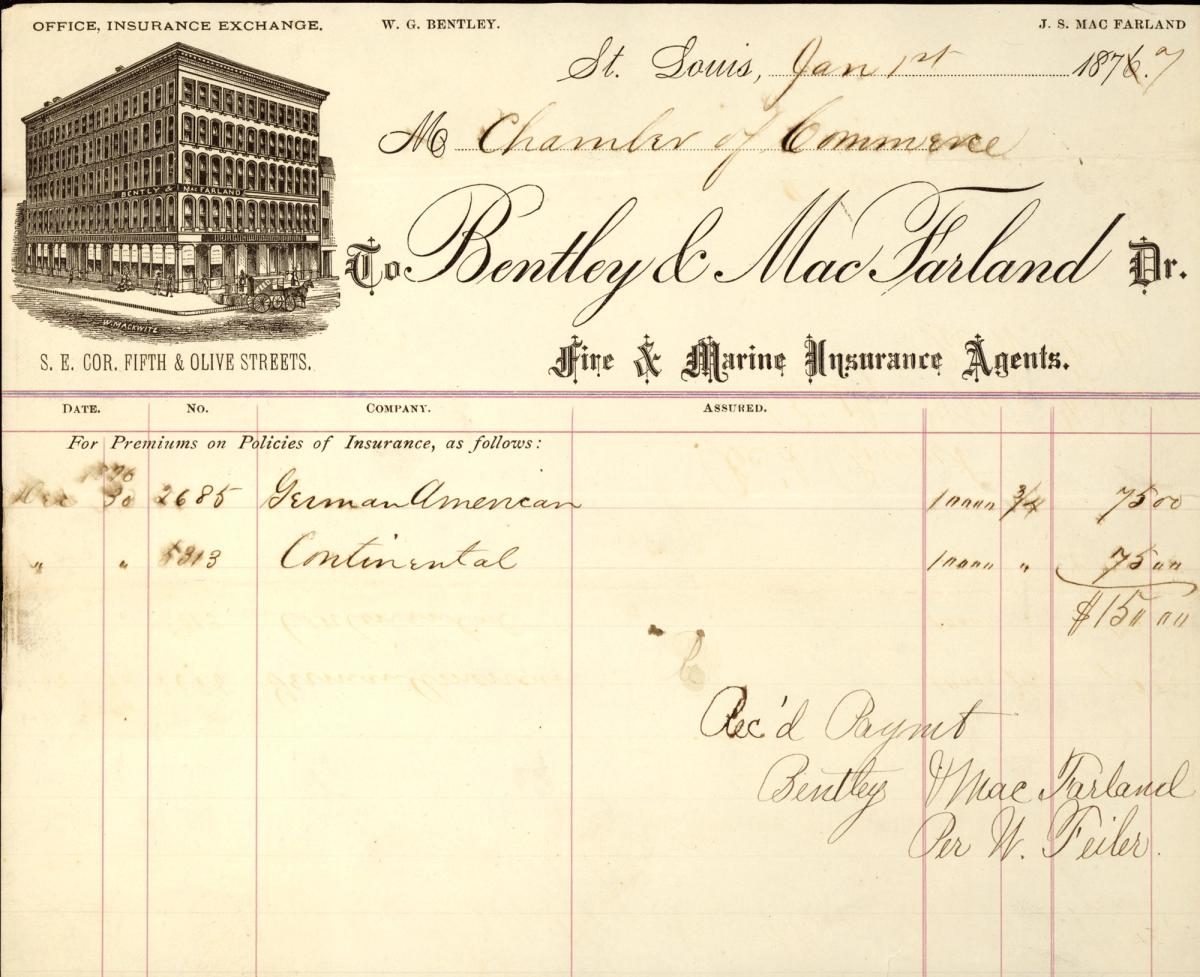 An engraved nineteenth-century insurance agency letterhead showing an office building, with printed fields for policy details.