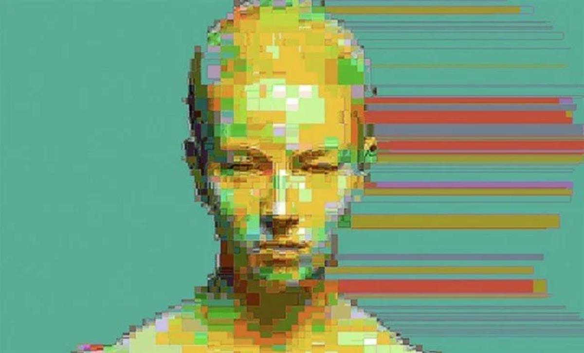 A pixelated portrait head rendered in yellow and green blocks against a teal ground, with horizontal bands of colour breaking across the image.