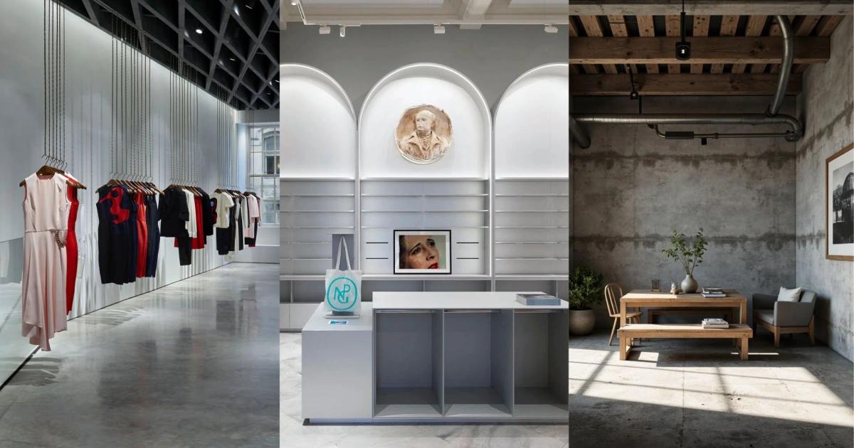 Three interiors side by side: a long minimal clothing rail in a concrete store, a pale arched retail room with a display counter, and a loft living space with a timber table and daylight.