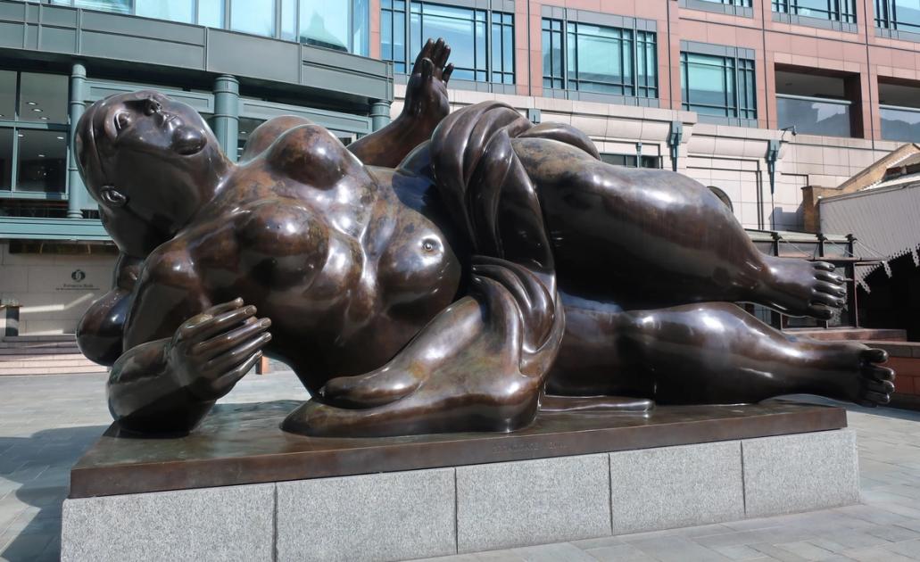 Fernando Botero's Broadgate Venus (1989), a monumental bronze reclining figure installed at Exchange Square in the City of London