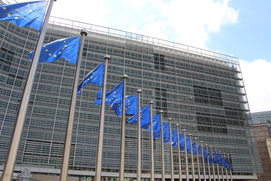 European Union flags in front of the Berlaymont building, seat of the European Commission, in Brussels.