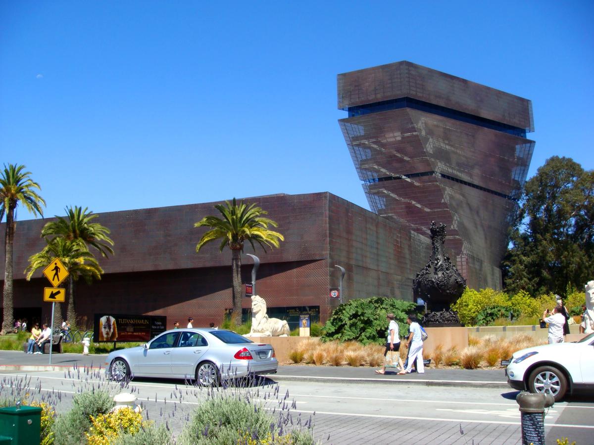 Exterior of the M. H. de Young Memorial Museum in San Francisco's Golden Gate Park, which opened Nengi Omuku's first U.S. solo museum exhibition in June 2026.