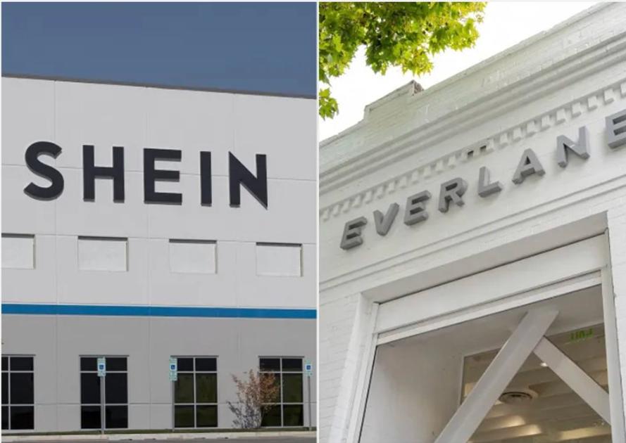 A two panel comparison: a plain white distribution warehouse with large SHEIN lettering, beside the white painted facade of an Everlane store with its name in raised metal letters.