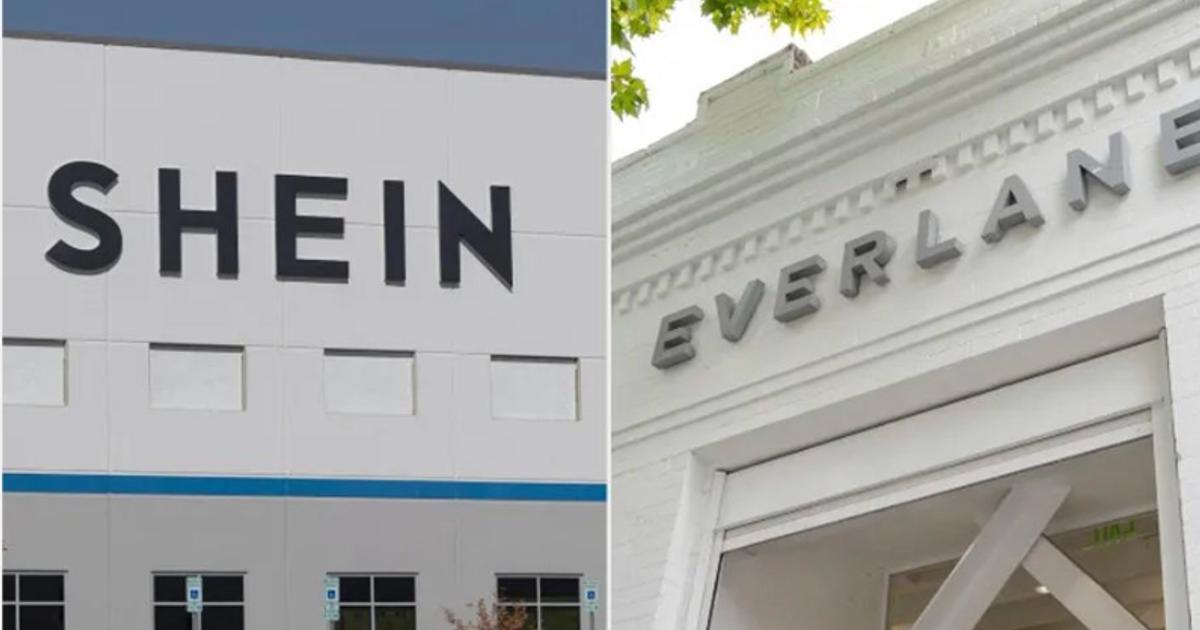 A two panel comparison: a plain white distribution warehouse with large SHEIN lettering, beside the white painted facade of an Everlane store with its name in raised metal letters.