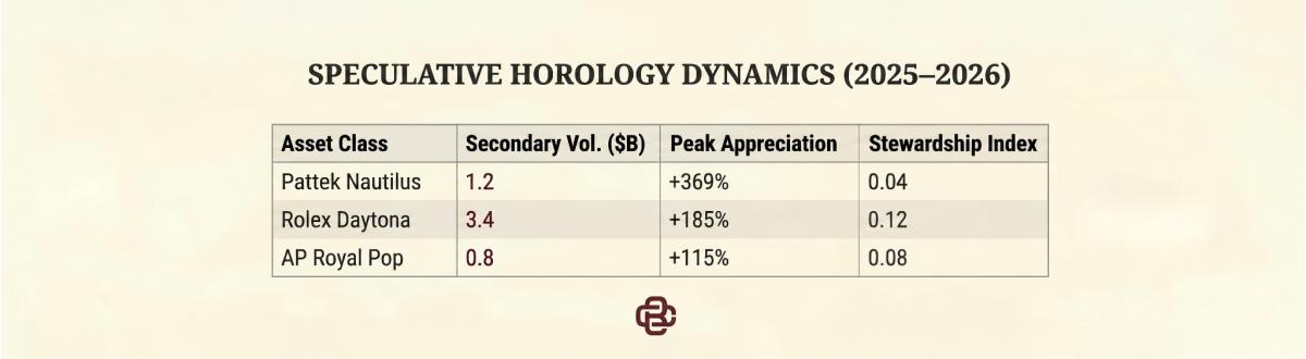 A small table headed Speculative Horology Dynamics 2025 to 2026, listing the Patek Nautilus, Rolex Daytona and AP Royal Pop with secondary volume, peak appreciation and a stewardship index.