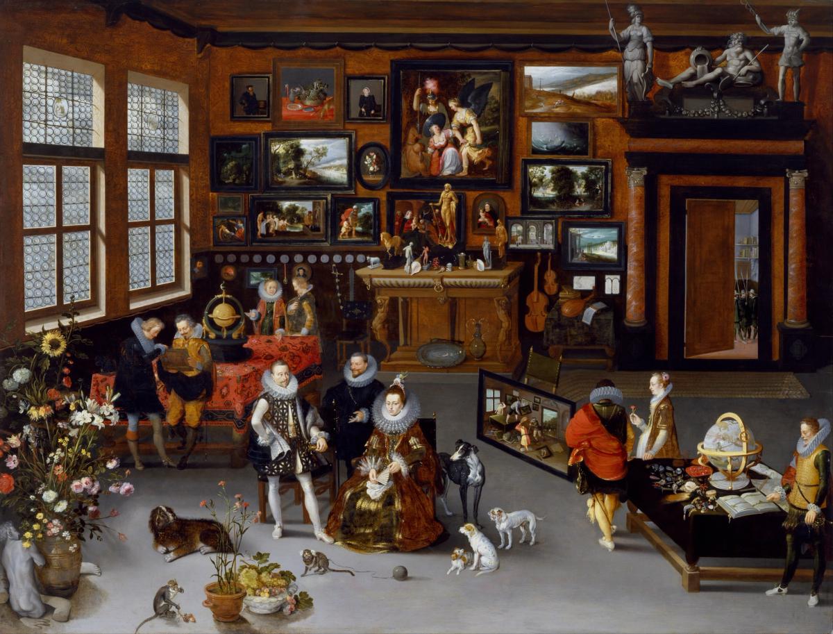 The Archdukes Albert and Isabella visiting a collector's cabinet by Hieronymus Francken II, circa 1616, depicting nobility examining art objects in a Flemish collector's room