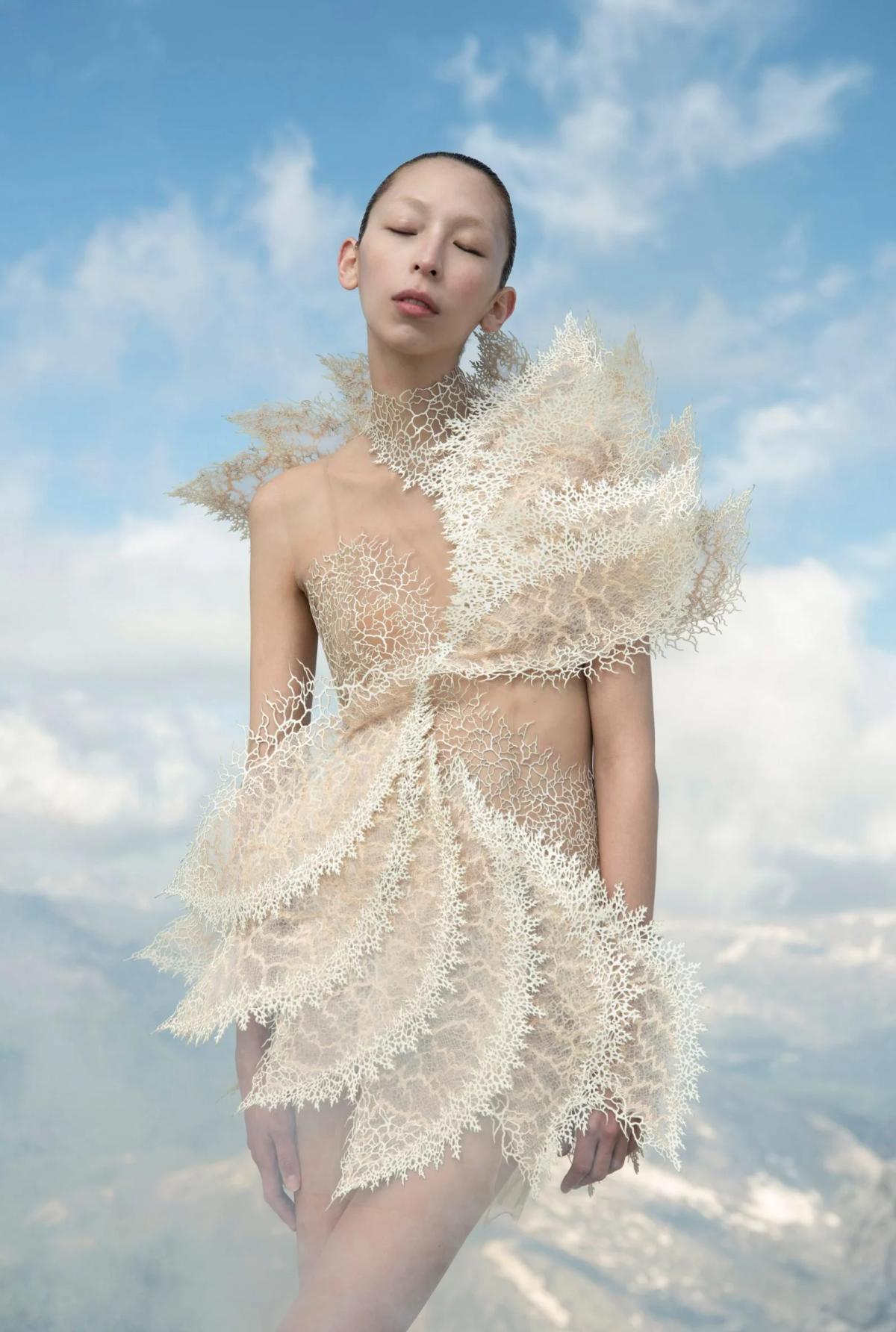 A garment from Iris van Herpen 's Earthrise collection. This piece exemplifies Conceptual Functional Art, the logical successor to traditional luxury, by prioritizing permanence, deep symbolism, and intellectual engagement over transient status. It re-establishes the creation process as artistic and seasonless, providing an ethical counter-narrative to the hyper-accelerated production schedule.