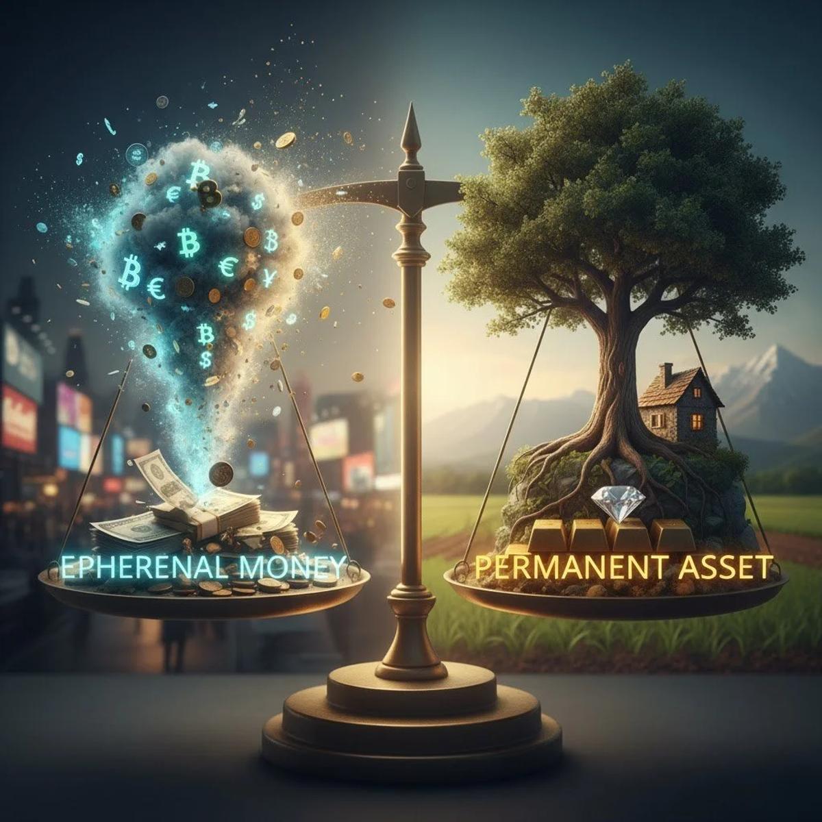 An illustration of a balance scale, one pan holding banknotes dissolving upward into glowing currency symbols over a city, the other a tree and small house on a mound of earth.