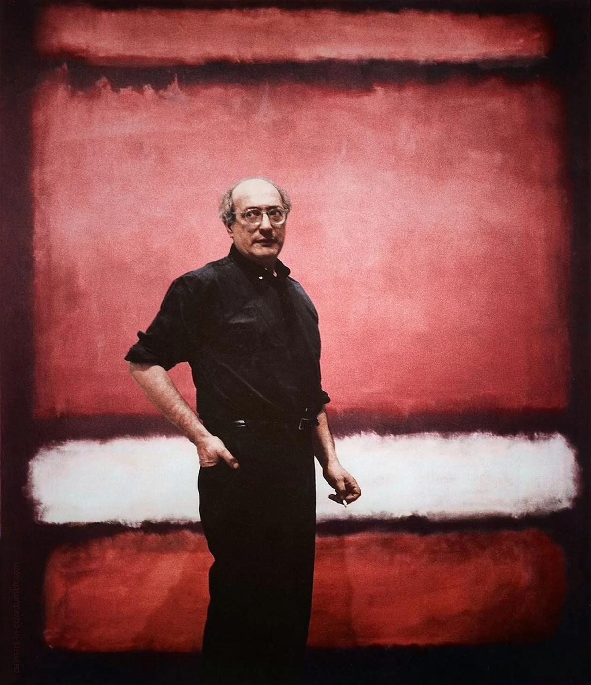 The Custodian of Emotion. A compelling portrait of Mark Rothko against the backdrop of his profound Color Field abstraction. This image encapsulates the essence of his artistic mission: to champion
