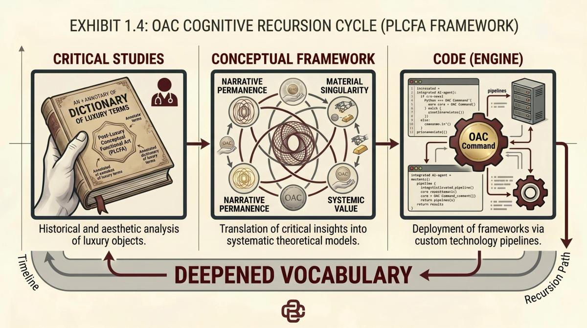 A diagram headed Exhibit 1.4, OAC Cognitive Recursion Cycle, showing three linked stages, critical studies, conceptual framework and code engine, with a return arrow labelled deepened vocabulary.