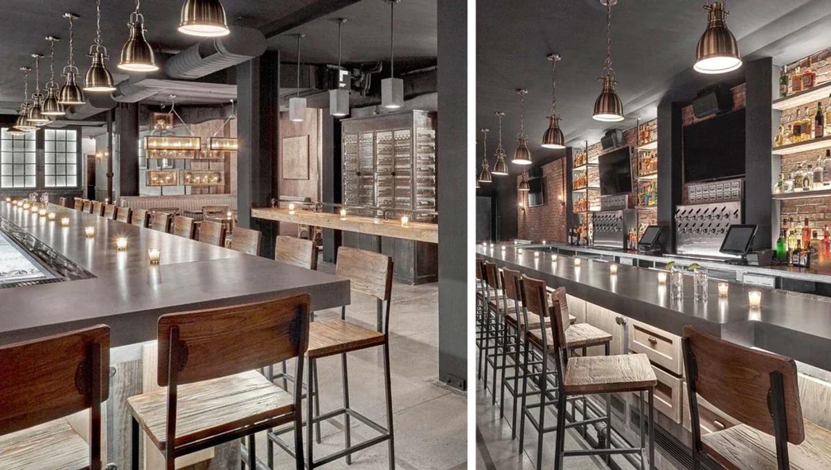 Two views of the same bar interior with copper pendant lights, a long counter, high stools and shelved bottles along the back wall.