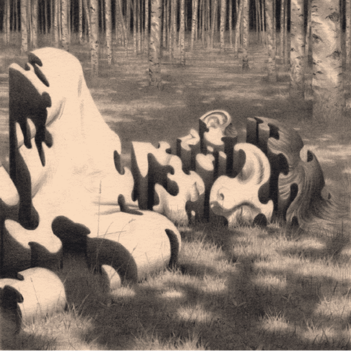 A sepia drawing of large pale blob like forms with dripping edges lying among grass in a birch forest.