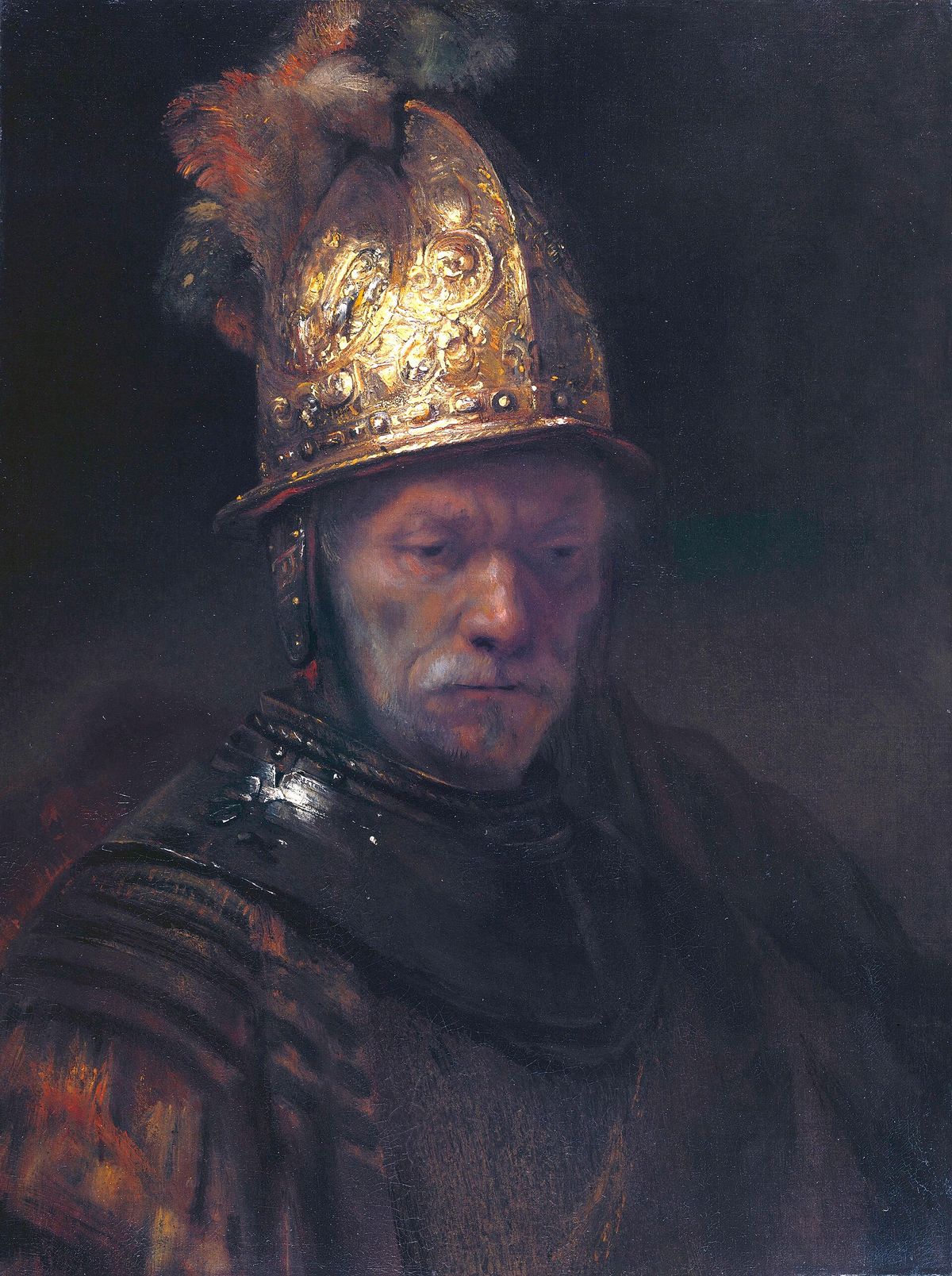 A portrait of an older bearded man in shadow wearing an elaborately worked gilt helmet with a plume, the metal catching the light in thick paint.