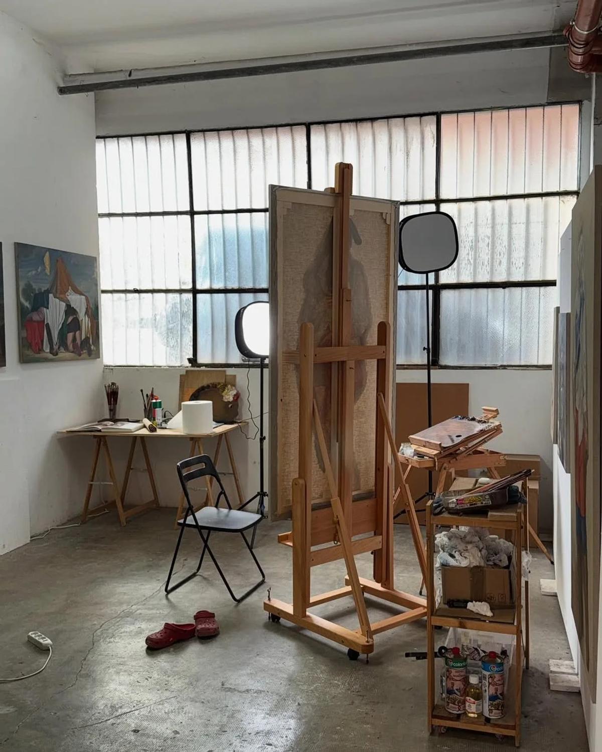  The site of origin: The studio environment where Nazar Strelyaev-Nazarko’s visual vocabulary is forged, carrying the implicit weight of cultural survival. 