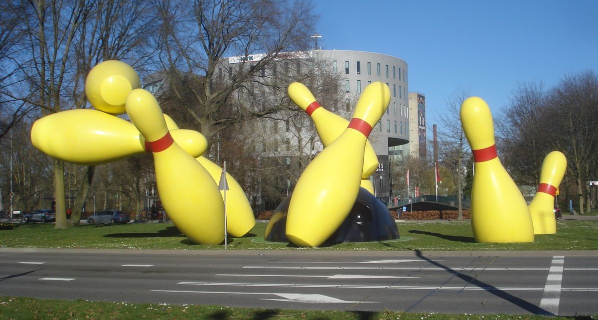 Claes Oldenburg's monumental sculpture Flying Pins, a permanent public installation in Eindhoven, Netherlands