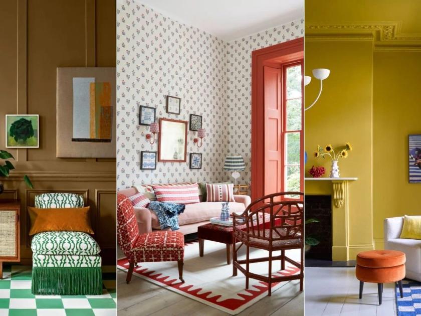 Three interior views side by side: a green and white bedroom with a checkerboard floor, a patterned sitting room with a red door, and a yellow room with an orange stool.