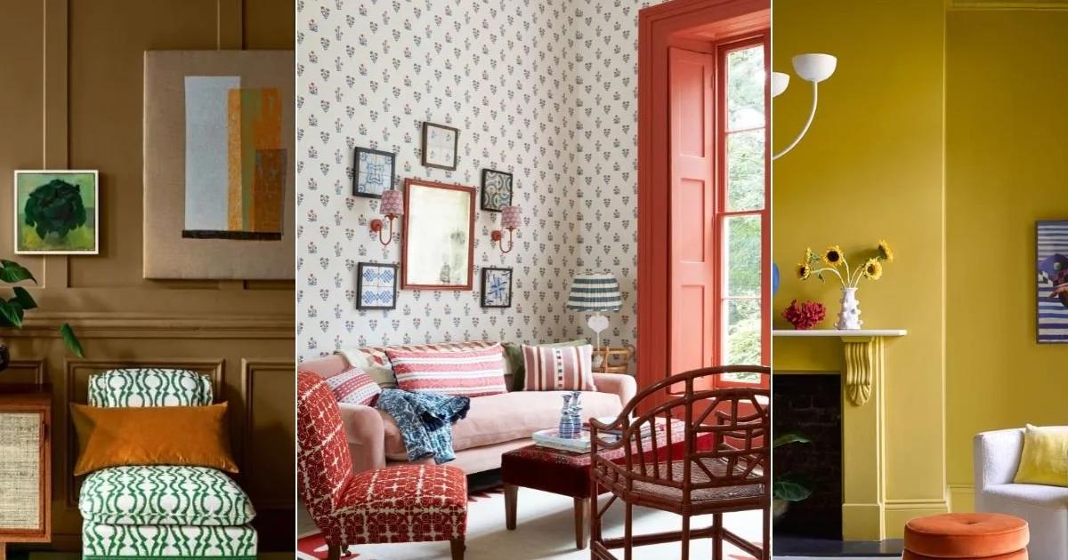 Three interior views side by side: a green and white bedroom with a checkerboard floor, a patterned sitting room with a red door, and a yellow room with an orange stool.