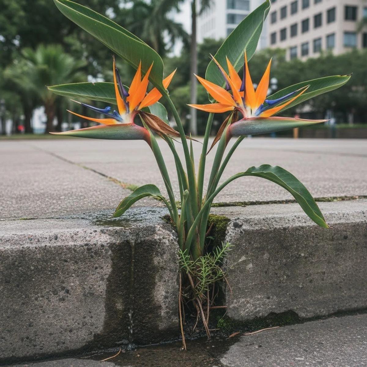 A bird of paradise plant in flower growing out of a crack at the edge of a concrete kerb, city buildings behind.