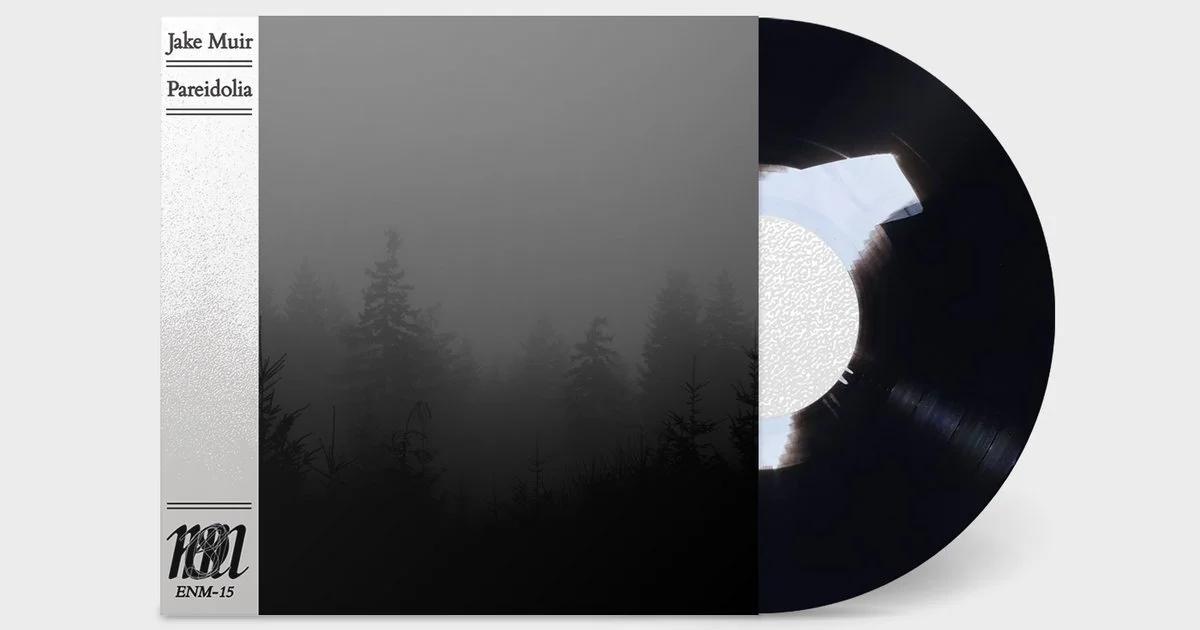 A record sleeve for Jake Muir's Pareidolia showing a misty coniferous forest fading into grey, with the black vinyl disc pulled halfway out of the sleeve.