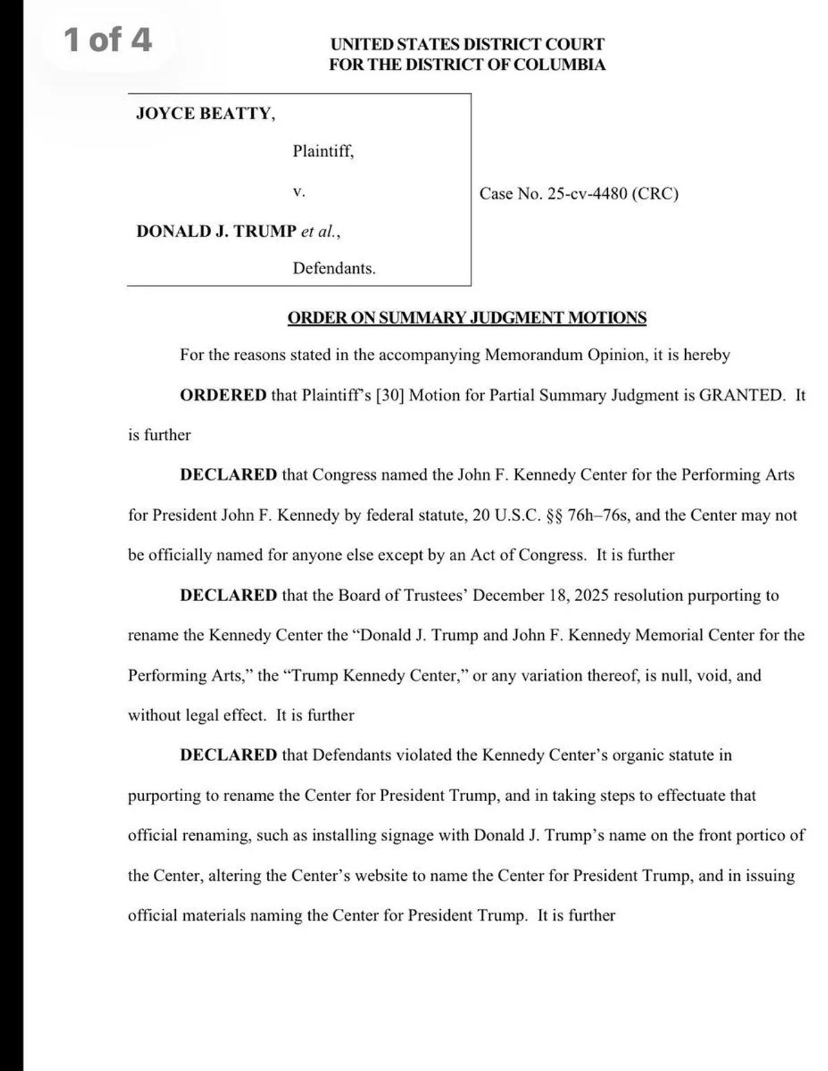 Legal De-Hollowing of a Sovereign Object: Page 1 of Judge Christopher R. Cooper’s order in Beatty v. Trump . By explicitly declaring the December 18, 2025 renaming resolution