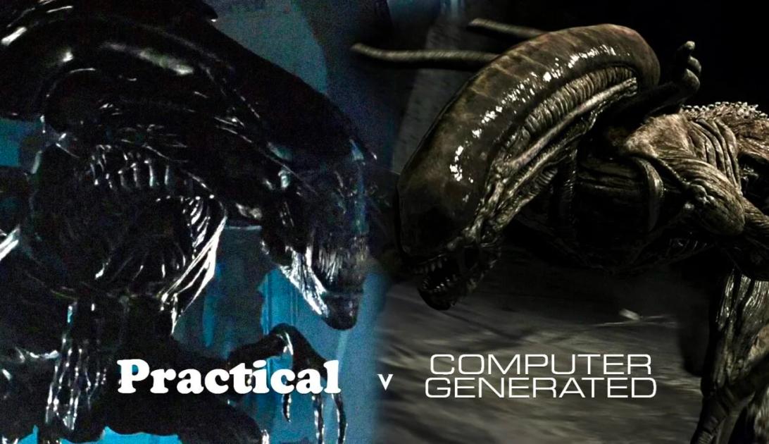 A split film still comparing two versions of a creature effect, the left built physically and the right generated by computer, captioned practical and computer generated.