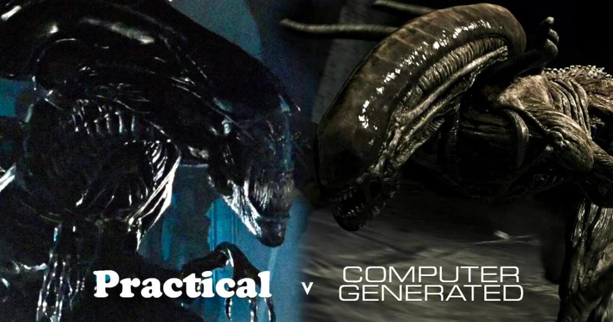 A split film still comparing two versions of a creature effect, the left built physically and the right generated by computer, captioned practical and computer generated.