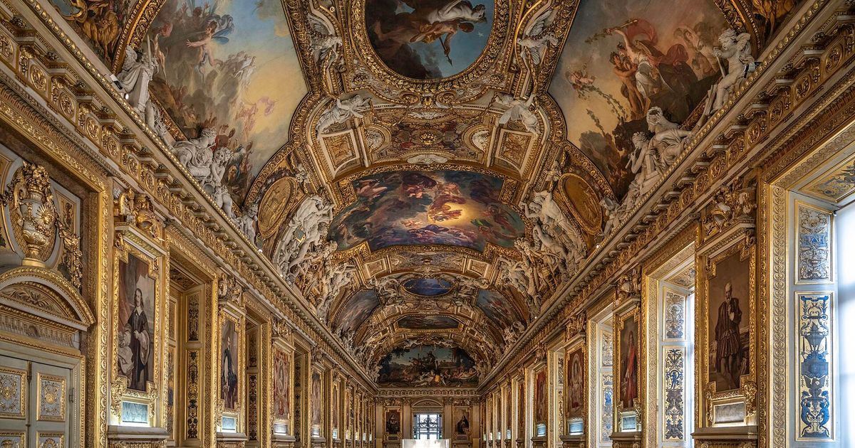 The Galerie d'Apollon at the Louvre, a long barrel-vaulted hall with a painted and gilded ceiling.