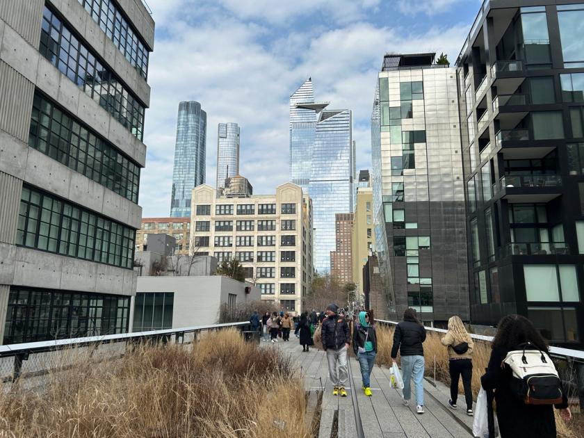 The High Line elevated park in New York City, looking north along the planted walkway above Manhattan's West Side streets
