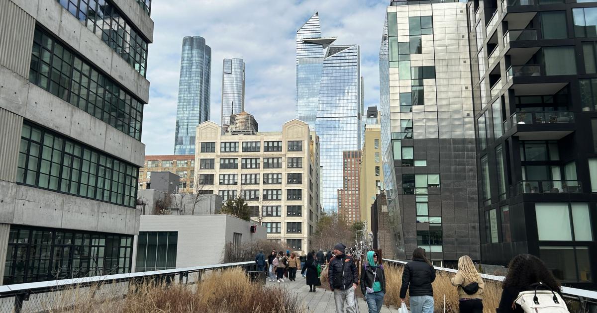 The High Line elevated park in New York City, looking north along the planted walkway above Manhattan's West Side streets