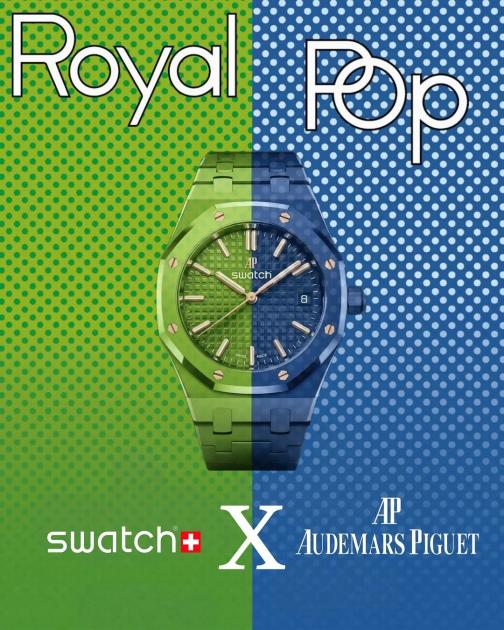 An advertisement split green and blue in halftone dots, a watch in matching green and blue ceramic at the centre, with Royal Pop above and the Swatch and Audemars Piguet names below.